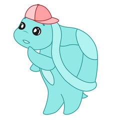Cute turquoise turtle in a red cap. Cute flat vector illustrations in children's cartoon style. A funny character. Isolated on white background