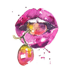 Watercolor purple lips and grapes fashion illustration - 429573895