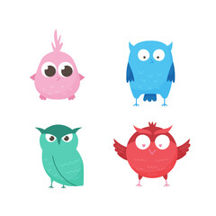 Isolated on white background cute forest owls. Set of cartoon animals for print, children development. Varieties of decorative colored birds, flat geometric design. Vector illustration
