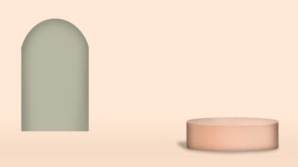 3d rendering of a clean cream podium to showcase products. There is a dark green hallway