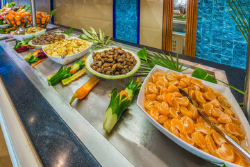 Meal dishes on food court.