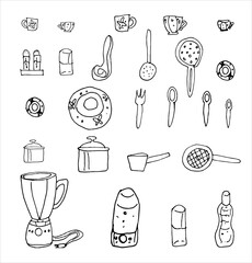 Set of kitchen tools, cooking utensils, kitchenware. Doodle style. Vector stock illustration.