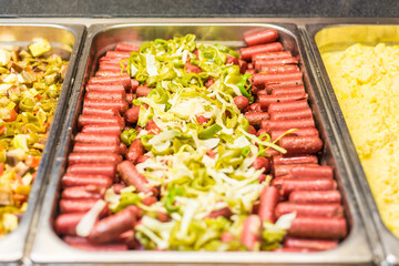 Meal dishes on food court.