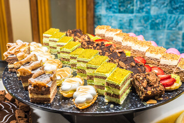 Meal dishes on food court.