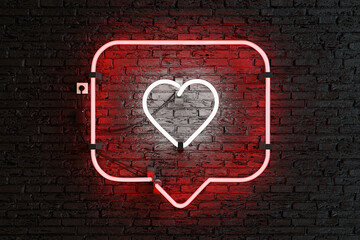 neon notification frame with heart inside on brick wall