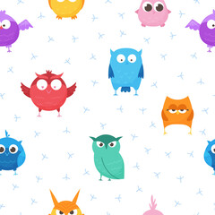 Isolated, seamless, vector pattern with forest owls. Set of cartoon animals for print, children development. Graphic, decorative, colored birds, flat design. Vector illustration