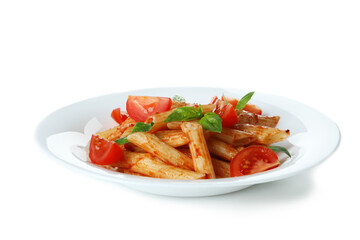 Plate with pasta with tomato sauce isolated on white background