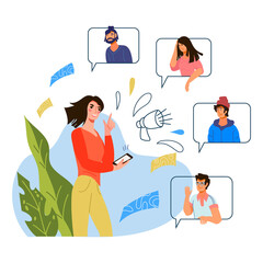 Refer a friend  advertising banner for business referral program. People sharing information about sale and discount. Refer a friend marketing concept, flat vector illustration.