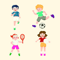 Sports cartoon children playing football and badminton elements