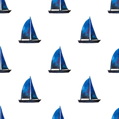 Samless pattern of watercolor illustrations with blue silhouette of sails.