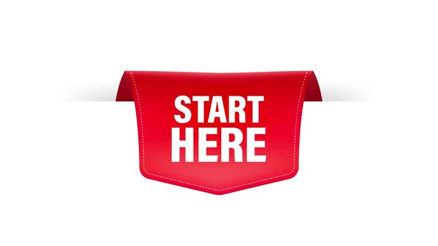 Start here red ribbon in flat style on white background. Motion graphics.