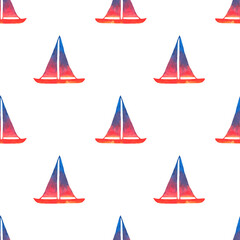 Samless pattern of watercolor illustrations with blue silhouette of sails.
