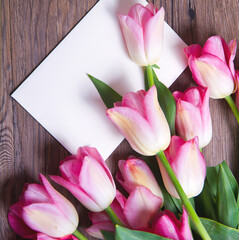 pink tulips with postcard