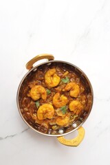 Indian food- Prawns masala or shrimp curry. Also known as Kolambi che Kalvan in Marathi. Chingri fry. Maharashtrian Prawns curry. Copy space.