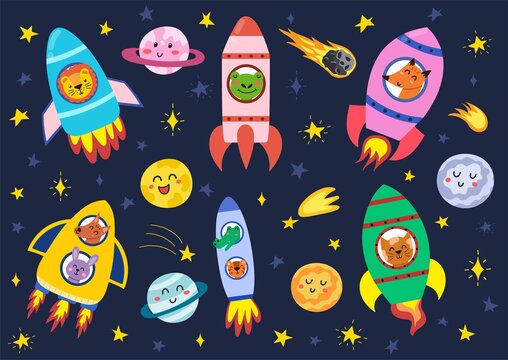 Space animals in their rockets set. Funny astronauts in spaceships - frog, fox, cat, lion, dog and rabbit. Great for nursery prints. Vector illustration