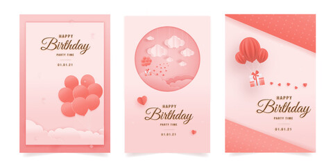 Set banner Decorated birthday card beautiful three gift box, balloon in the could paper style, paper cut, and papercraft. gift box hanging on the wall decorated with clouds and cake. Sweet pink.