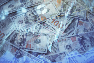 Multi exposure of forex chart drawing over us dollars bill background. Concept of financial success markets.