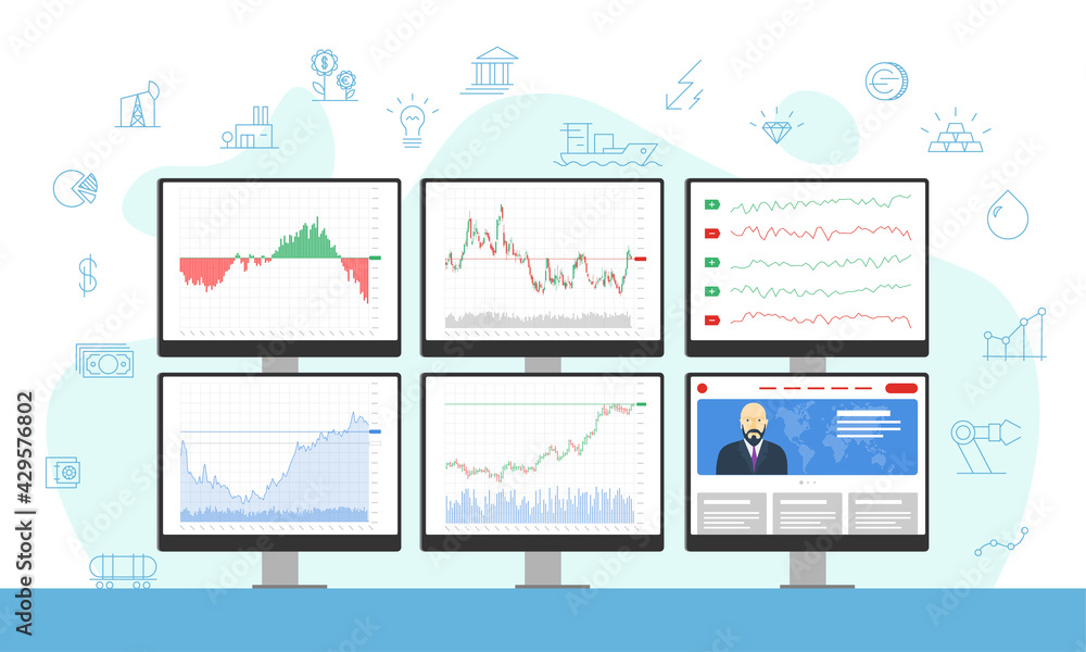 Poster stock market trader multiple computer monitors with financial charts, diagrams, graphs and news. bus