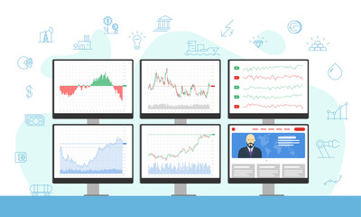 Stock market trader multiple computer monitors with financial charts, diagrams, graphs and news. Business index analysis icons concept. Broker exchange trading workplace vector illustration