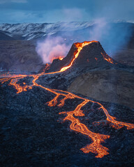 fagradalsfjall volcano eruption, iceland, volcano, sunrise light, lava show - obrazy, fototapety, plakaty