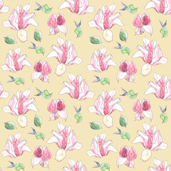 Seamless pattern with watercolor spring magnolia flowers on yellow background