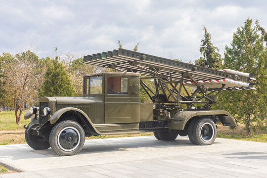 Sevastopol, Crimea, Russia - April 10 2021: Katyusha rocket launcher, memorial complex Sapun Gora, Sevastopol, Crimea. Russian artillery vehicle of World War II