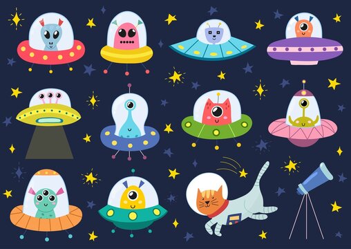 Cute aliens in spaceships collection. Space ufo characters set. Hand drawn monsters in the universe. Vector illustration
