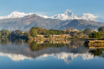 Raamstickers Annapurna Fewa Lake at Pokhara with the snow capped Annapurna mountain range in the background