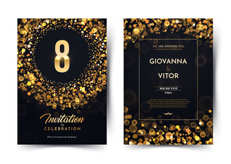 8th years birthday vector black paper luxury invitation double card. Eight years wedding anniversary celebration brochure. Template of invitational for print on dark background with bokeh lights