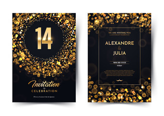 14th years birthday vector black paper luxury invitation double card. Fourteen years wedding anniversary celebration brochure. Template of invitational for print on dark background with bokeh lights