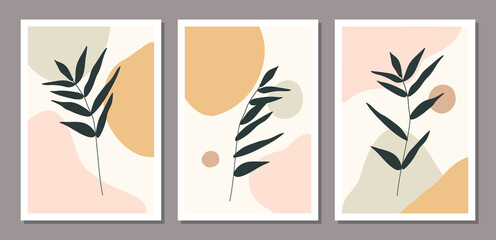 Fototapeta na wymiar Set of minimalist poster design botanical leaf branch abstract collage