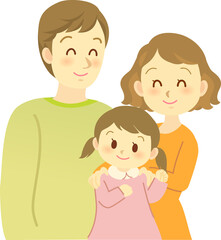 イラスト素材: 3人家族　ママが女の子の肩に手を置いて娘もパパの方を笑顔で見る仲良しファミリー 