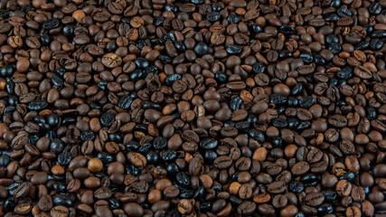 Coffee beans. Background. Spanish styles of roasting beans. Text area.