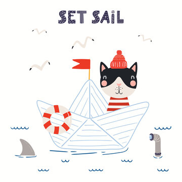 Cute cat sailor on paper boat, sea waves, text Set sail, isolated on white. Hand drawn vector illustration. Scandinavian style flat design. Concept kids nautical fashion, textile print, poster, card.