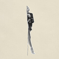 Contemporary art collage, modern design. Retro style. Fashionable ballerina going through paper...