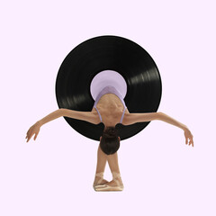 Contemporary art collage, modern design. Retro style. Beautiful ballerina in vinyl plate dancing on...