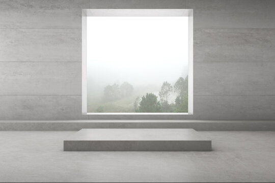 3d render of empty concrete room with large window on nature background, Empty space for product presentation.