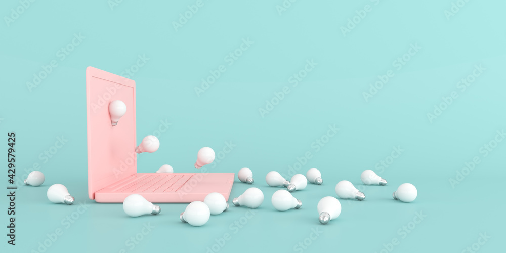 Aufkleber 3d rendering of laptop and floating light bulb. Minimal concept.