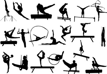 Gymnastics silhouettes collection - vector - obrazy, fototapety, plakaty