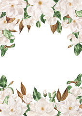 Fototapeta premium Hand drawn watercolor floral frame of flowers white magnolia and green leaves. Perfect for creating cards, invitations, wedding design.