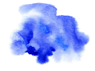 Blue sky watercolor hand drawn stain on white paper grain texture. Abstract water color artistic brush paint splash background.