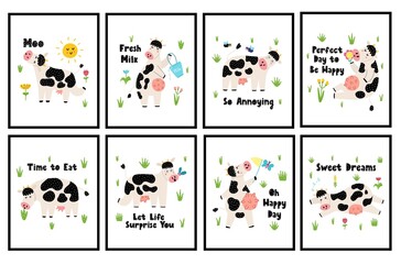 Cute posters set with cows for kids. Funny farm animals prints. Great for baby t-shirts, wallpapers, invitations and card. Vector illustration