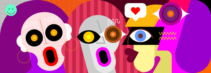 Two shocked women and two calm men. Flat design close-up vector portrait of group of people.