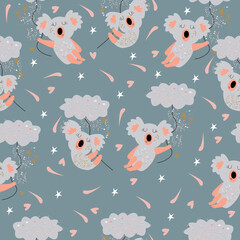 Sweet dreams. Seamless pattern of cute sleeping koalas sleeping under the starry sky on magic clouds. Vector illustration for children 
