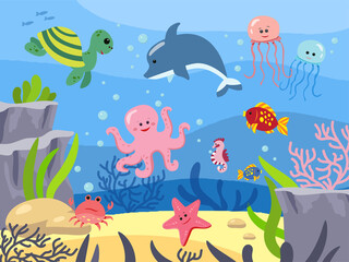 Seabed with mammals, underwater world. Animals of the sea. Background in cartoon style. Vector illustration. Ocean depth
