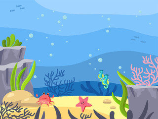 Fototapeta na wymiar Seabed, underwater world. Background in cartoon style. Vector illustration. Ocean depth