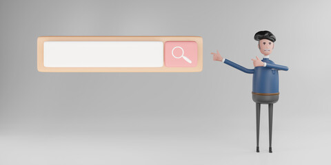 3D Man Pointing to Search Box on Grey Background. 3d rendering