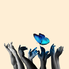 Contemporary art collage, modern design. Retro style. Human hands catching beautiful blue butterfly...