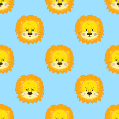 Obraz premium Cartoon muzzles of cute baby lions are arranged in rows, seamless vector background with nice African lions for kids.