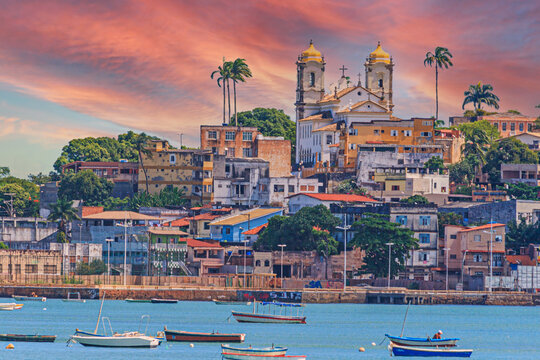 Panoramic view of the old town of Salvador de Bahia from the opposite coast in the afterglow